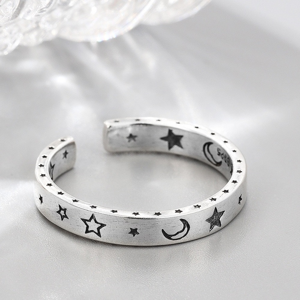 Celestial ring, Starry ring, silver stacking ring,moon and star ring,